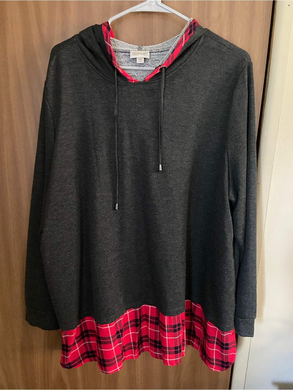 Avenue Black Hoodie with Red Plaid Trim